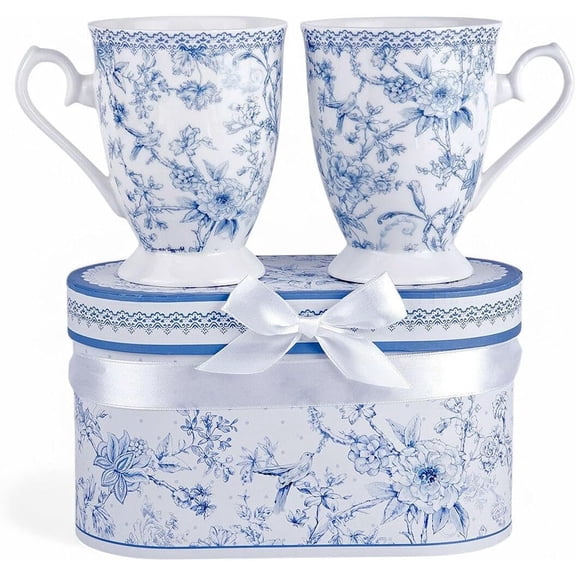 Set of 2 Blue Floral Bone China Mugs for Tea or Coffee in Gift Packaging