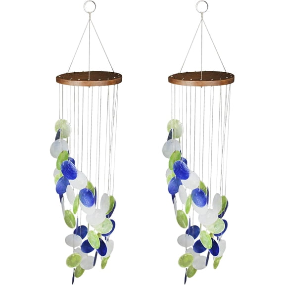 Set of 2 Blue Green and White Capiz Shell Wind Chimes 29 Inches Long Coastal Decor