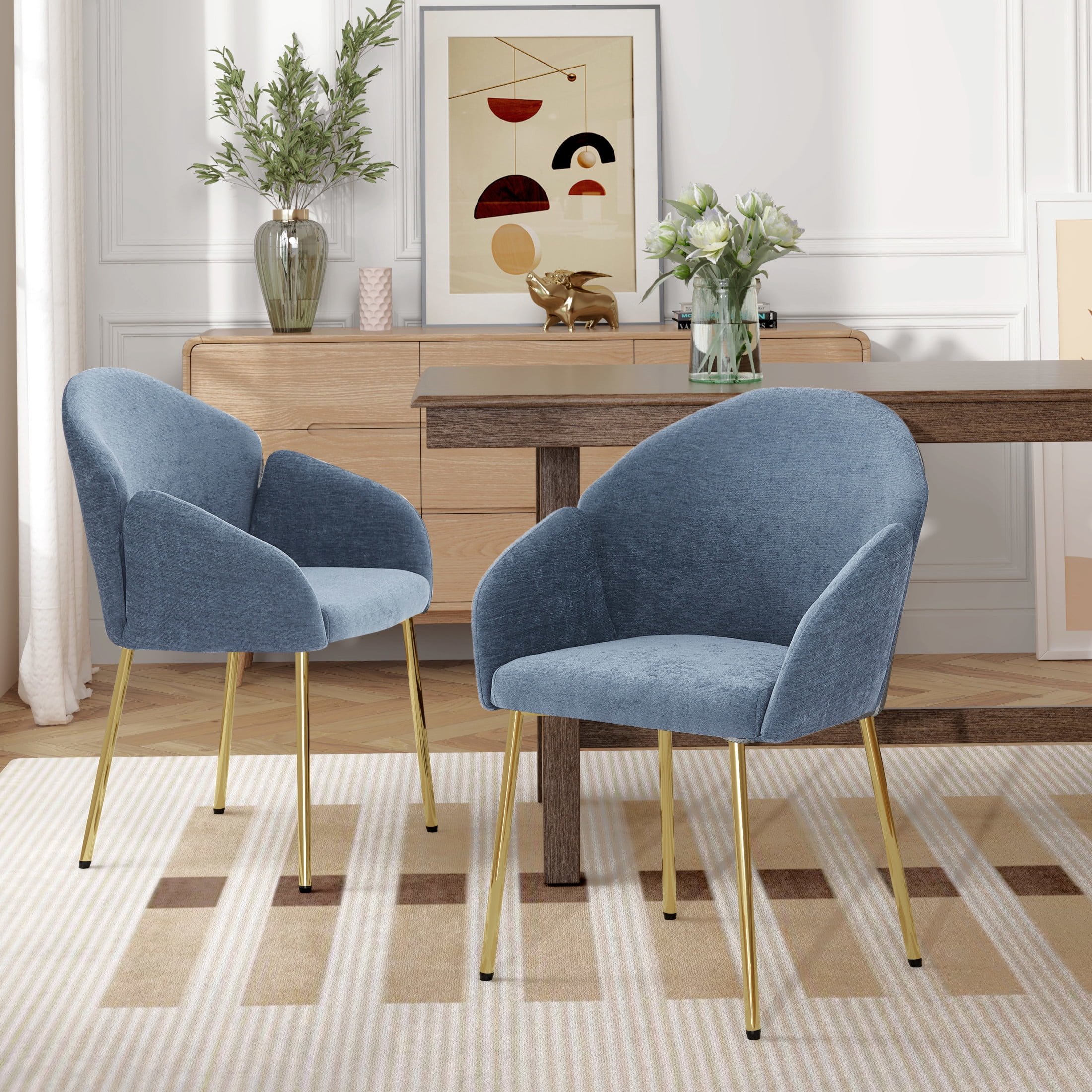 Set of 2 Blue Polyester Round Back Dining Chairs