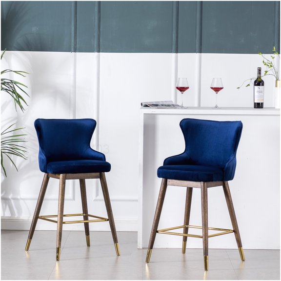 Set of 2 Blue Polyester Wingback Counter Stools with Walnut Legs