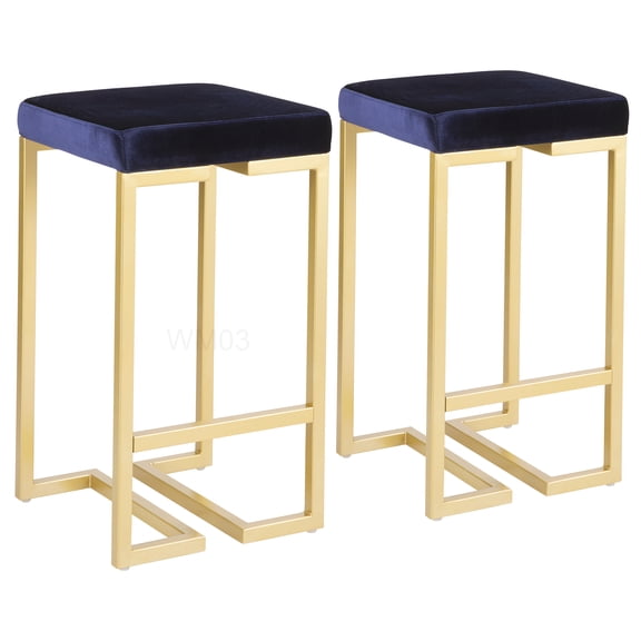 Set of 2 Blue Velvet Counter Stools with Gold Frame, 26 Inch Glamorous Kitchen Bar Stools for Dining Island