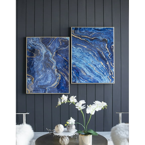 Set of 2 Blue and Gold Framed Art Panels, Unique Marbled Design, 30.5" x 40"