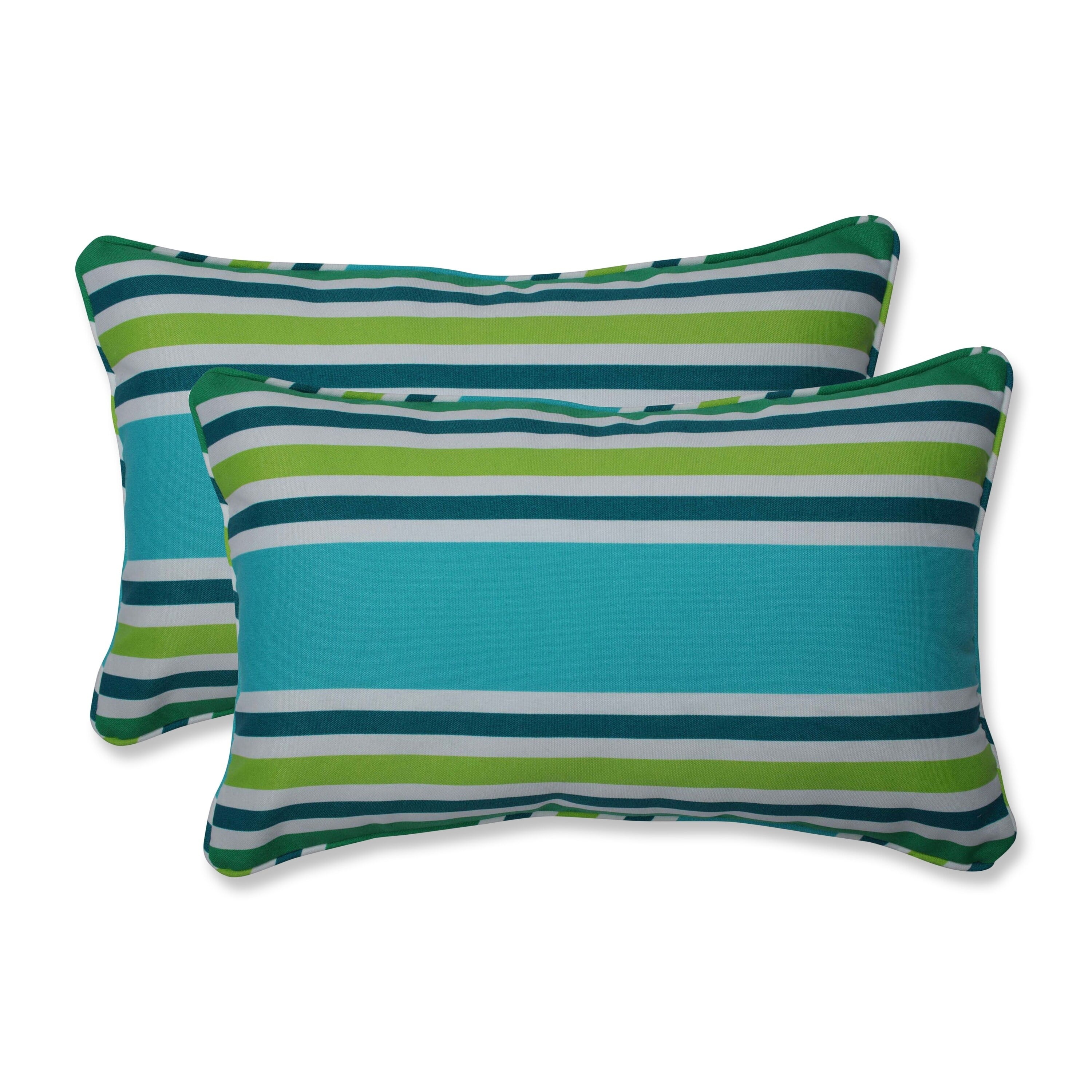 Turquoise and Green Striped Outdoor Lumbar Pillows, Set of 2