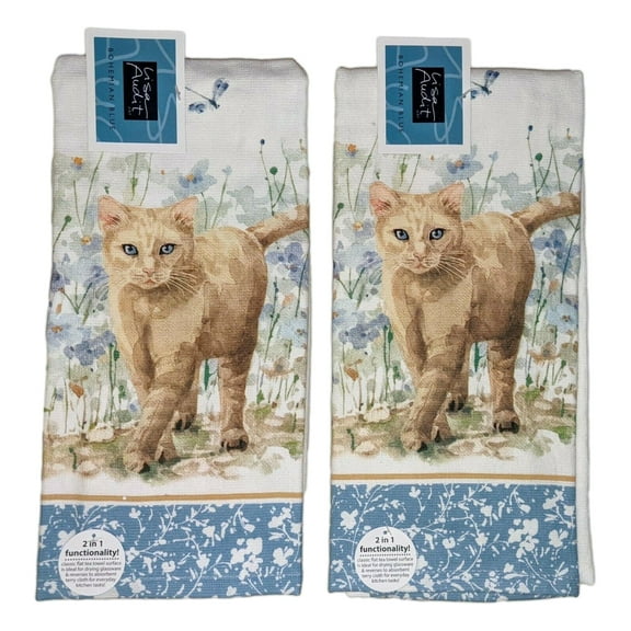 Kay Dee Designs Bohemian Blue CAT & FLOWERS Terry Kitchen Towels, 2 Count