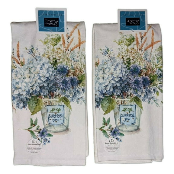 Set of 2 Bohemian Blue HYDRANGEA BOUQUET Terry Kitchen Towels by Kay Dee Designs