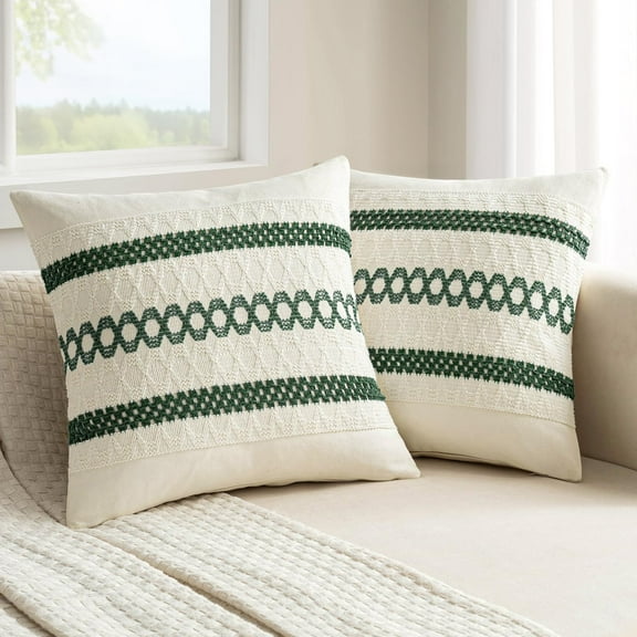 Set of 2 Boho Decorative Pillow Covers for Home Decor Bed Sofa Chair, 18x18 inch, Dark Green