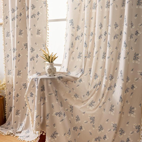 Set of 2 Boho Floral Printed Curtain Panels, Linen Light Filtering, Rod Pocket, Beige, 84 inches