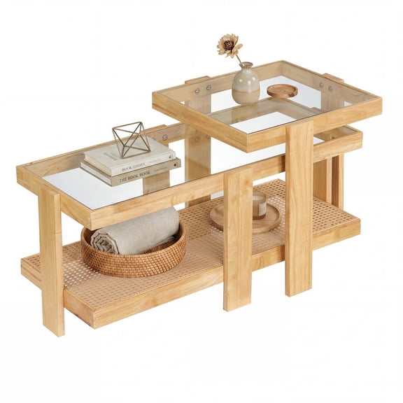 Set of 2 Boho Rattan Coffee Table, Wood Nesting Coffee Table Cocktail Tea Table for Living Room, Natural