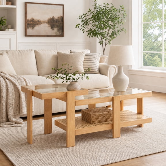 Set of 2 Boho Rattan Coffee Table, Wood Nesting Coffee Table Cocktail Tea Table for Living Room, Natural