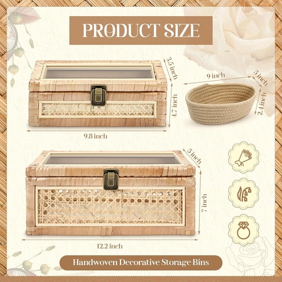 Set of 2 Boho Rattan Decorative Boxes with Glass Lid for Home Storage