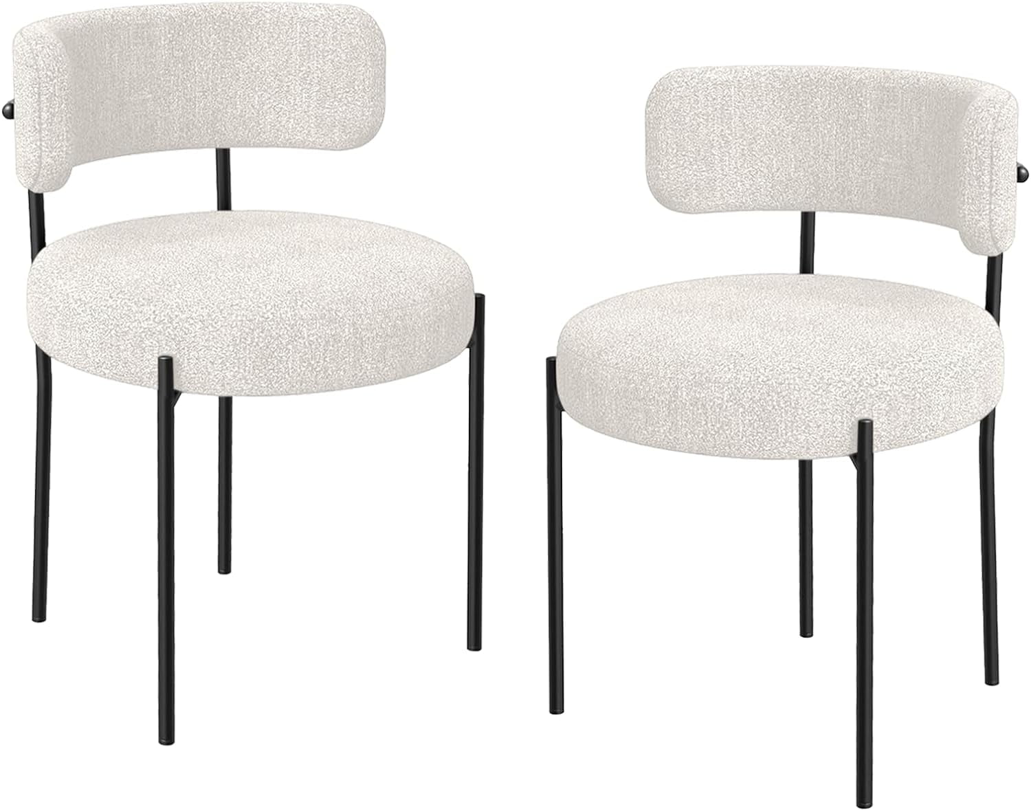 Set of 2 White Boucle Upholstered Dining Chairs with Metal Legs