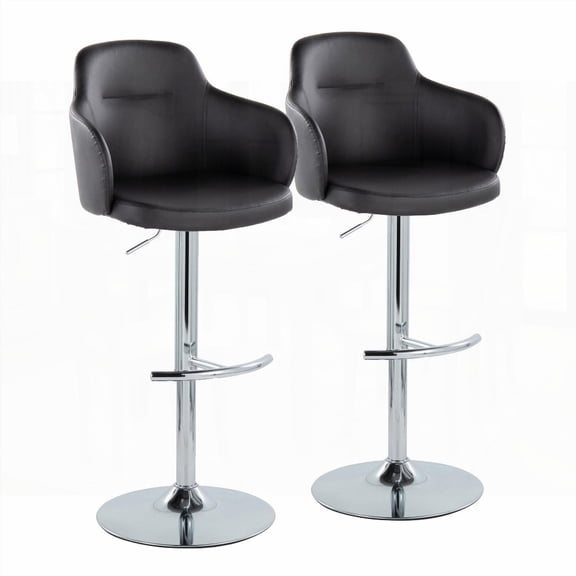Set of 2 Boyne Contemporary Barstools - Chrome Metal & Black Faux Leather with 360° Swivel and Rounded T Footrest