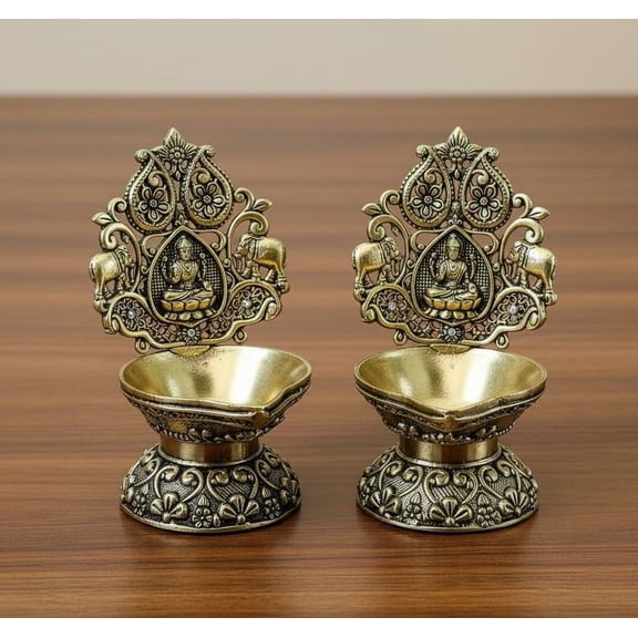 Set of 2 Brass Lakshmi Diyas Handcrafted Goddess Lamps for Diwali Pooja