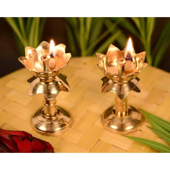 Set of 2 Brass Oil Lamp for Puja Diya Decoration Lotus Shape Pillar 3.8 Inch