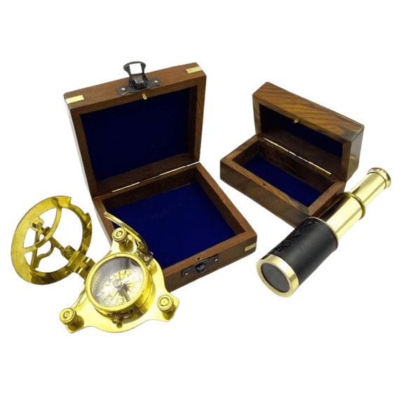Set of 2 Brass sundial compass with Mini Telescope Wood box Combo pack