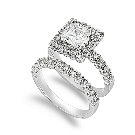 Set of 2 Bridal Princess Center Cubic Zirconia Ring Sterling Silver 925