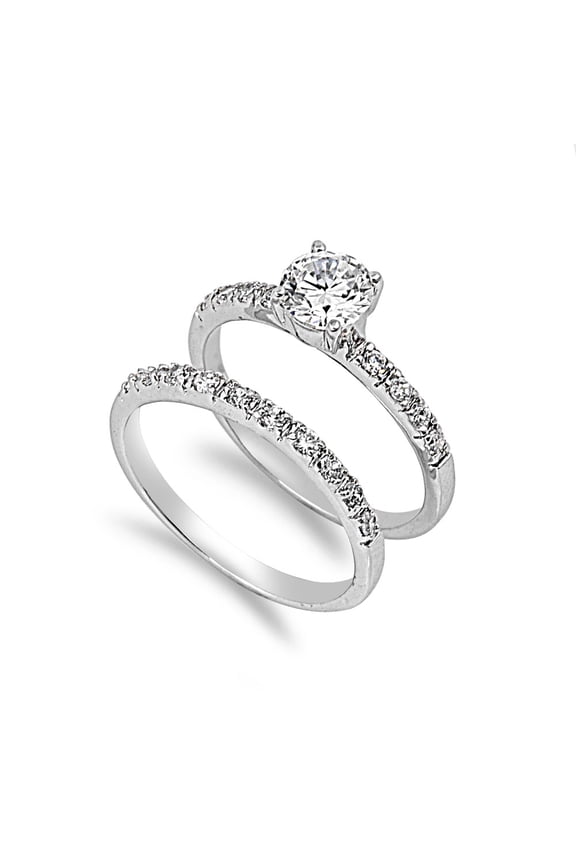 Set of 2 Bridal Round Center Cubic Zirconia Ring Sterling Silver 925