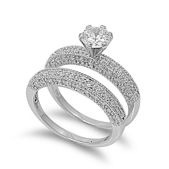 Set of 2 Bridal Round Center Cubic Zirconia Ring Sterling Silver 925