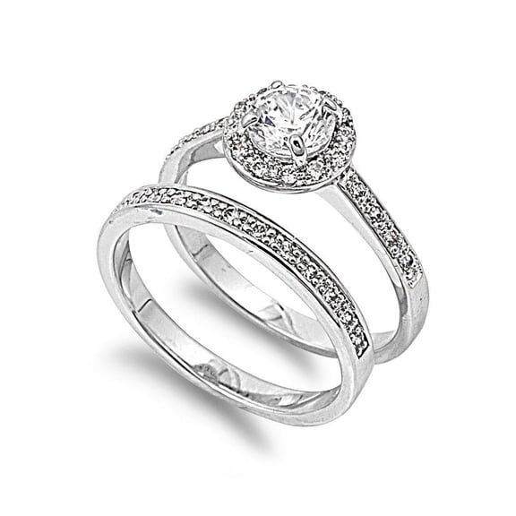 Set of 2 Bridal Round Center Cubic Zirconia Ring Sterling Silver 925