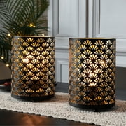 Set of 2 Bronze Battery Powered Decorative Lamp, Metal Outdoor lantern, Cordless Table Lamp with Hollow Pattern