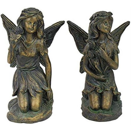 Set of 2 Bronze Kneeling Fairies with Flowers and a Outdoor Garden Statues - 7"