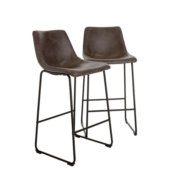 Set of 2 Brown Bar Stools, Microfiber Seat, Metal Legs, Fixed Height 29 Inch