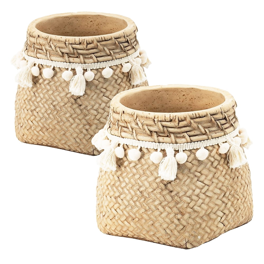 Set of 2 Brown Cement Planters – These Charming Planters Feature a Woven Tassel Accent, Perfect for Adding a Bohemian Touch to Your Home or Garden.