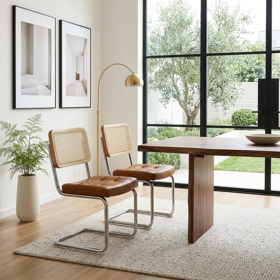 Set of 2 Brown Faux Leather Rattan Dining Chairs with Chrome Legs