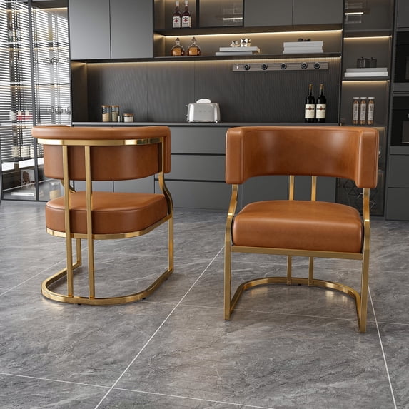 Set of 2 Brown PU Dining Chairs With Gold Iron Frame for Dining Room