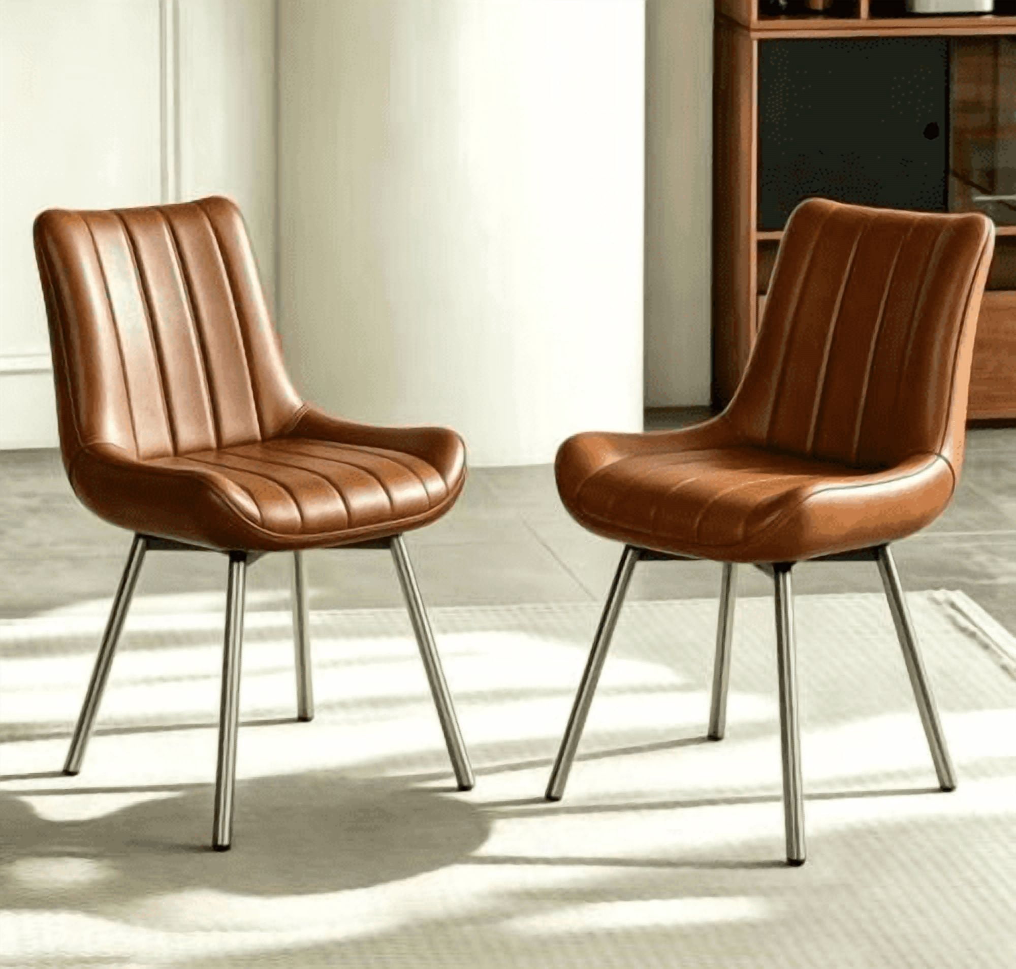 Set of 2 Brown PU Leather Dining Chairs, Modern Breathable Kitchen Chairs with Metal Legs