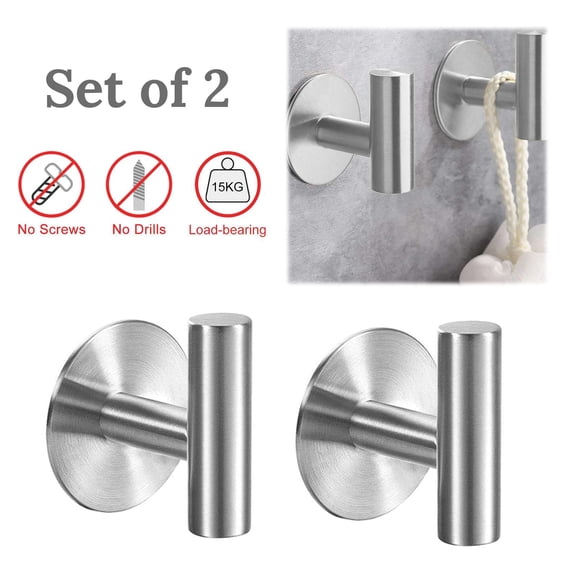 Set of 2 Brushed Nickel Wall Self Adhesive Hook Towel Bathroom Storange Hanging 304 Stainless Steel