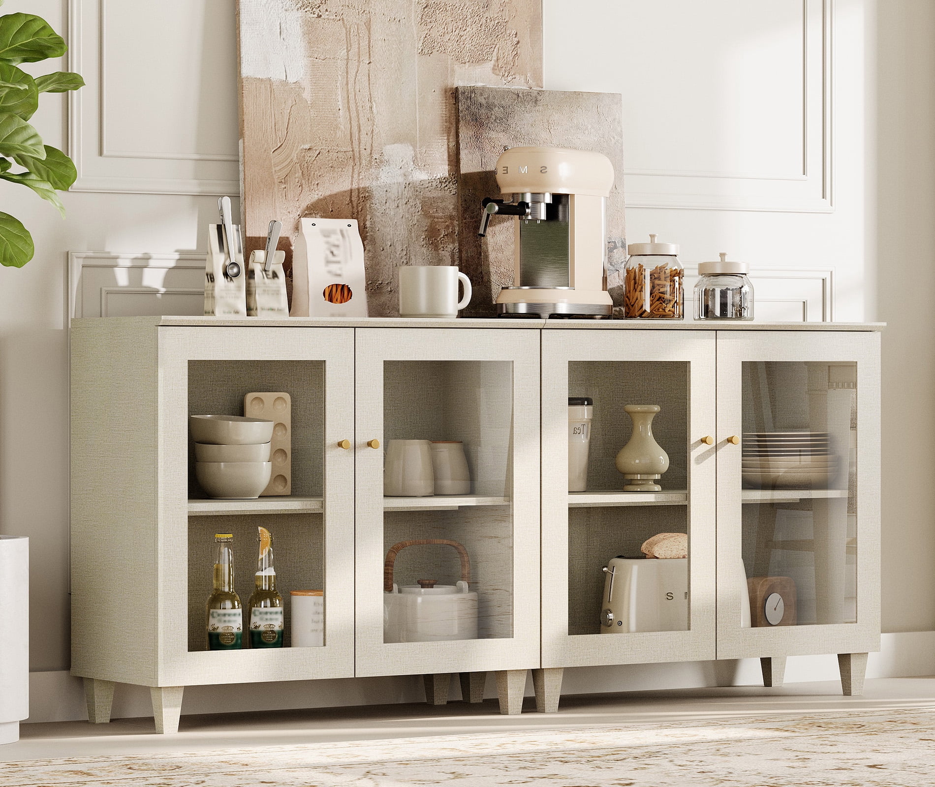 Set of 2 Buffet Cabinet Sideboard With Glass Doors, Adjustable Shelves and Cable Management For Kitchen Dining Room, 71" W, Beige Wood
