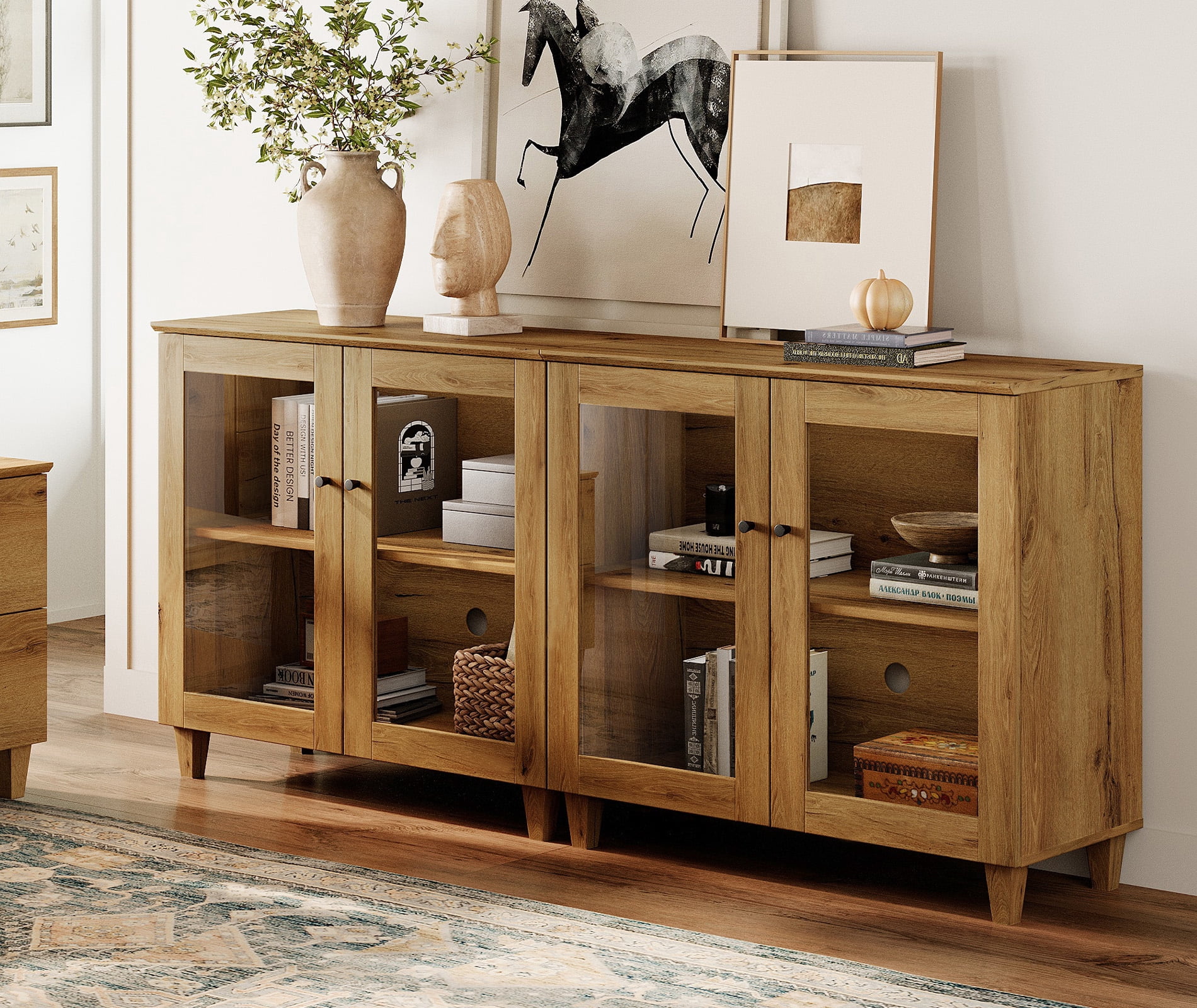 Set of 2 Buffet Cabinet Sideboard With Glass Doors, Adjustable Shelves and Cable Management For Kitchen Dining Room, 71" W, Brown Wood