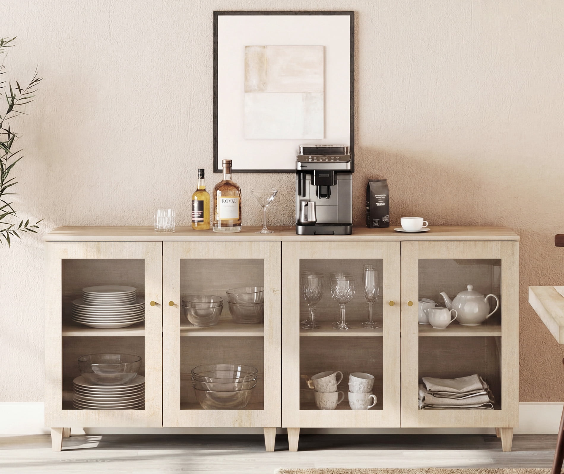 Set of 2 Buffet Cabinet Sideboard With Glass Doors, Adjustable Shelves and Cable Management For Kitchen Dining Room, 71" W, White Oak Wood
