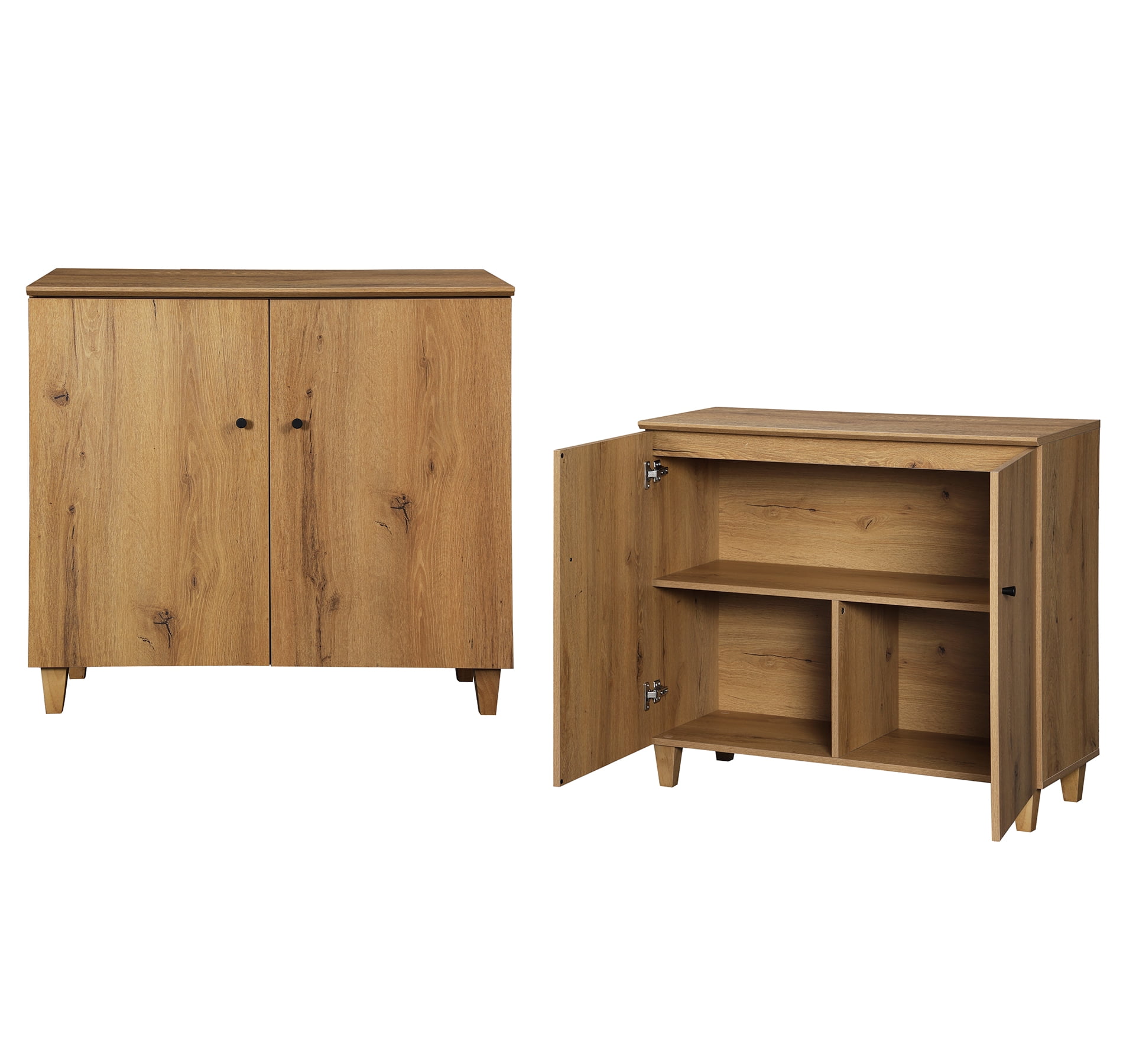 Set of 2 Buffet Cabinet Sideboard with Wood Doors, Fixed Shelves and Solid Wood Legs For Kitchen Dining Room, 36" W, Brown Wood