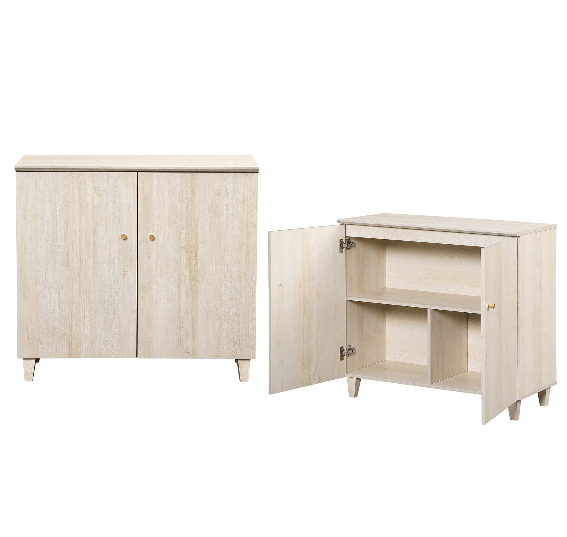 Set of 2 Buffet Cabinet Sideboard with Wood Doors, Fixed Shelves and Solid Wood Legs For Kitchen Dining Room, 36" W, White Oak Wood