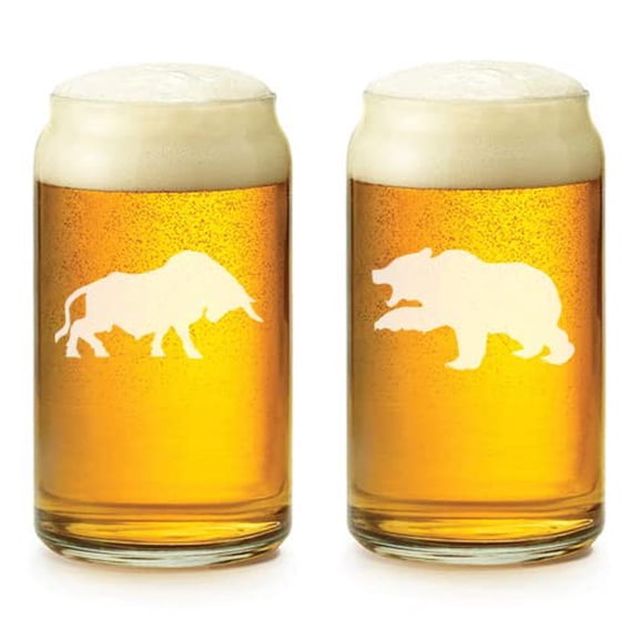 Set of 2 Bull Bear Stock Market 16 oz Beer Can Glass