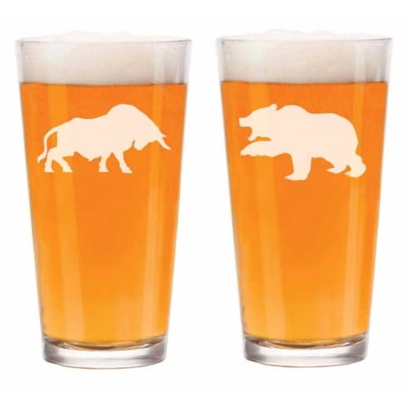 Set of 2 Bull Bear Stock Market 16 oz Beer Pint Glass