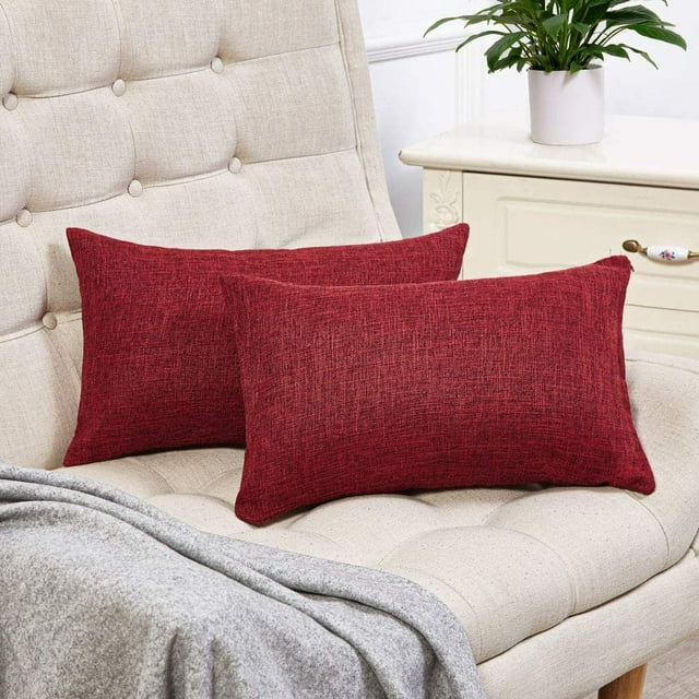 Burgundy Lumbar Pillow Covers Set of 2, Rustic Linen, Decorative