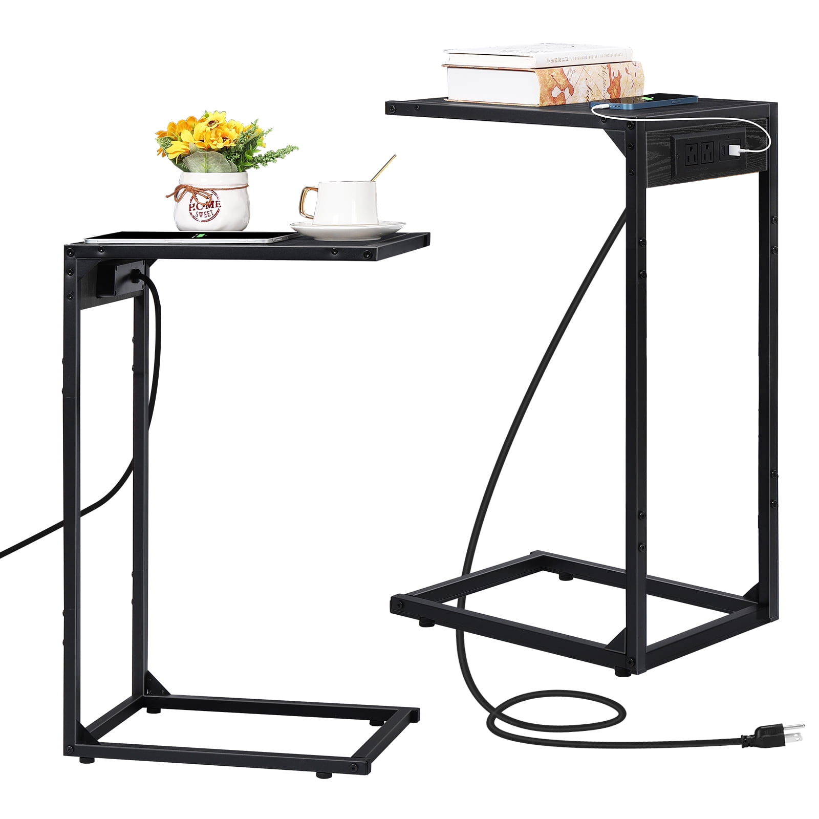 Set of 2 C-Shaped End Tables with Charging Station, Side Tables with USB Ports and Outlets, Couch Tables for Living Room Bedroom Black