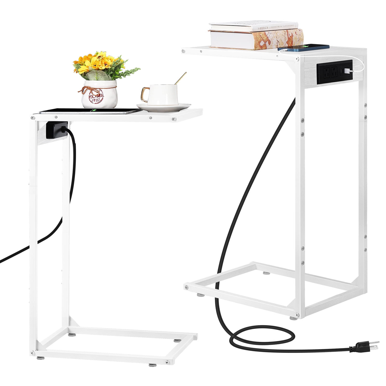 Set of 2 C-Shaped End Tables with Charging Station, Side Tables with USB Ports and Outlets, Couch Tables for Living Room Bedroom White