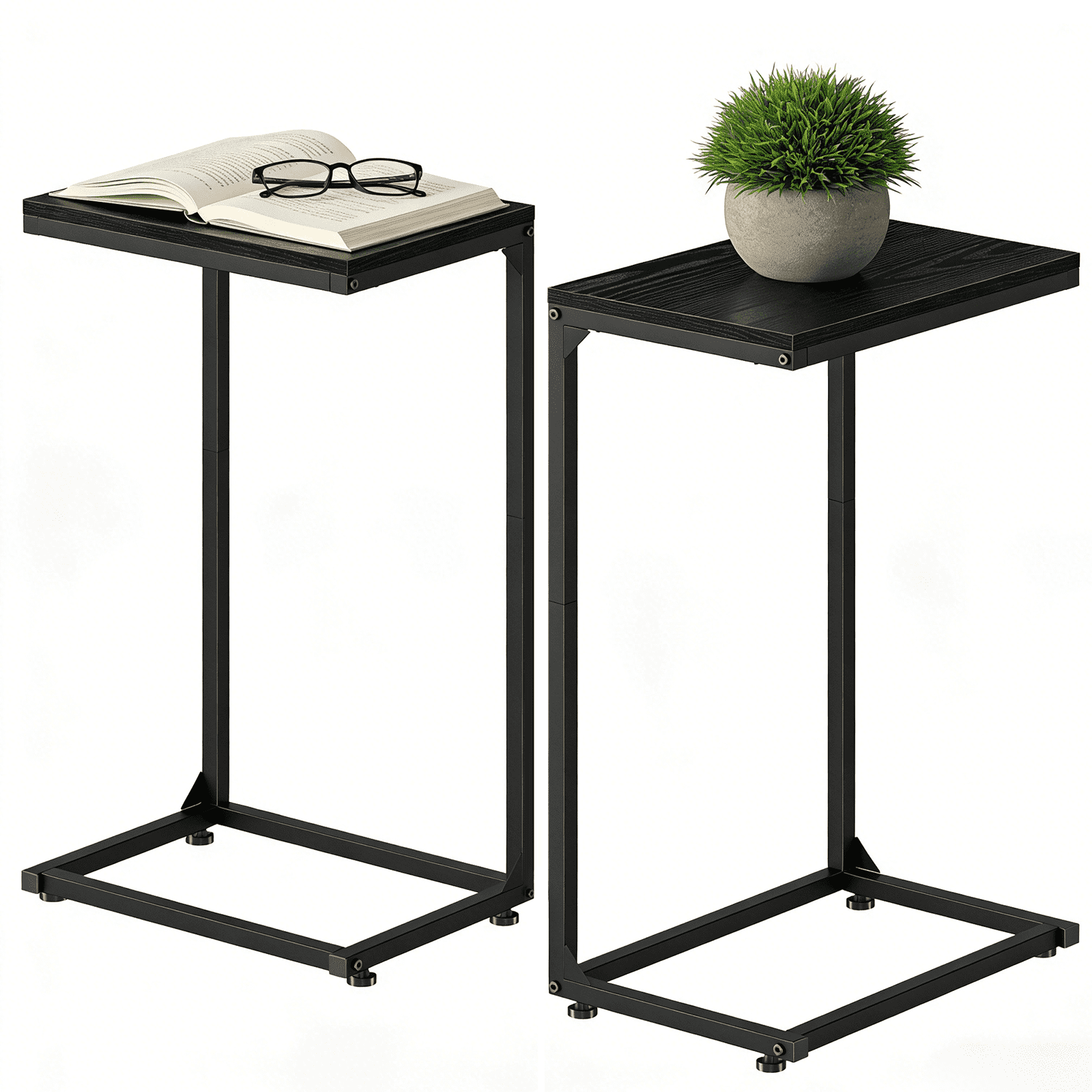 Set of 2 C Shaped Metal End Table with Adjustable Feet, Small Sofa Couch Side Table for Living Room Bedroom, Black