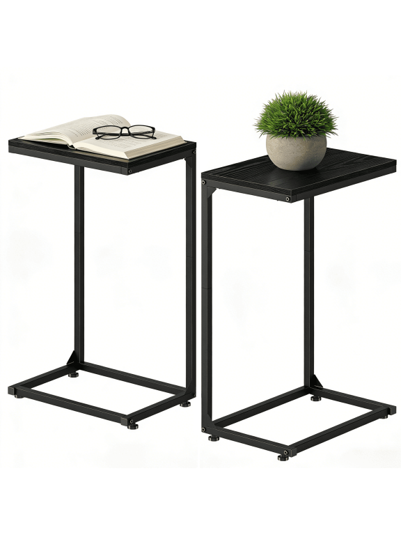 Set of 2 C Shaped Metal End Table with Adjustable Feet, Small Sofa Couch Side Table for Living Room Bedroom, Black