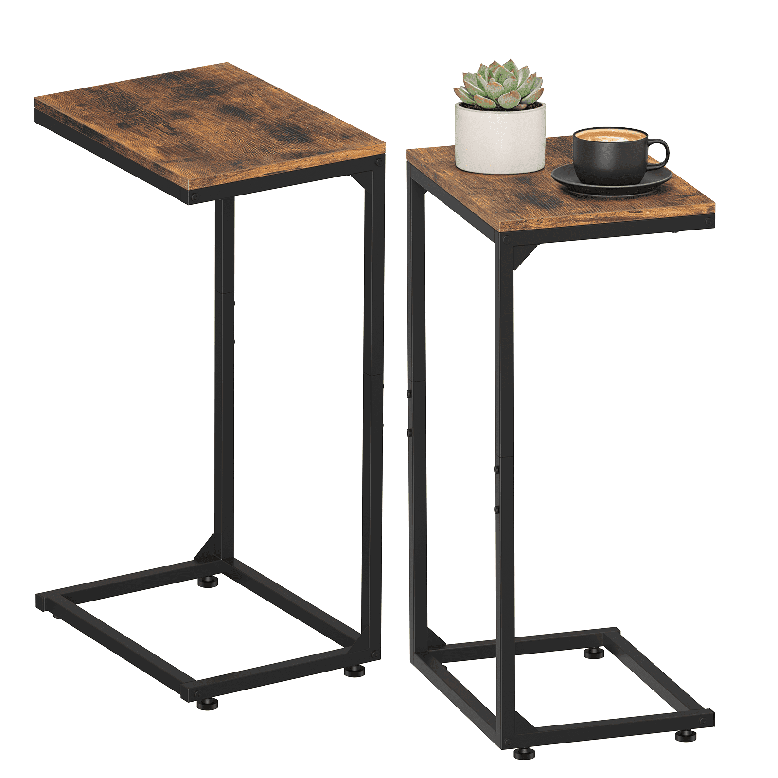 Set of 2 C Shaped Metal End Table with Adjustable Feet, Small Sofa Couch Side Table for Living Room Bedroom, Brown