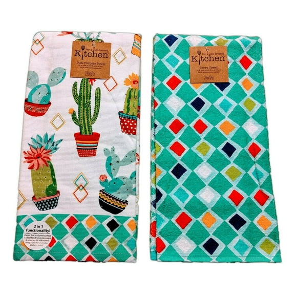 Set of 2 CACTUS GARDEN Geometric Terry Kitchen Towels by Kay Dee Designs