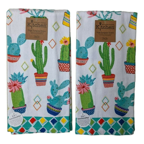 Set of 2 CACTUS GARDEN Succulent Terry Kitchen Towels by Kay Dee Designs