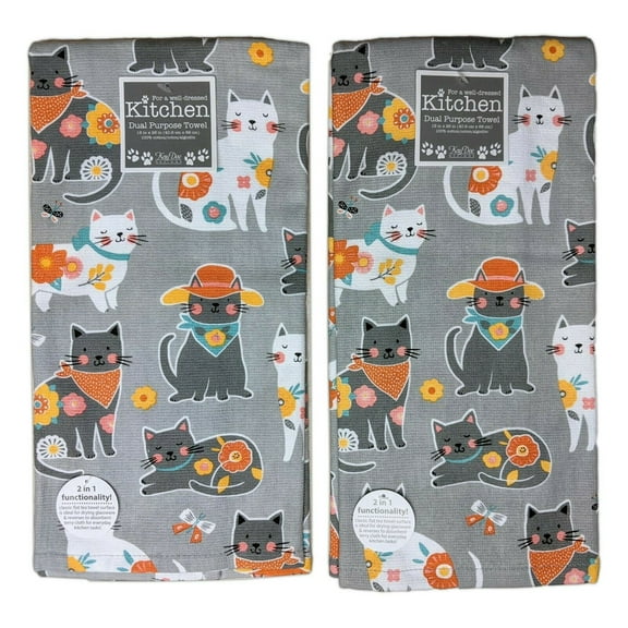 Set of 2 CAT PATCH Kitty Cat Lover Terry Kitchen Towels by Kay Dee Designs