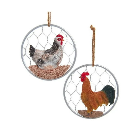 Set of 2 CHICKEN ON WIRE Farmhouse Christmas Ornaments by Kurt Adler