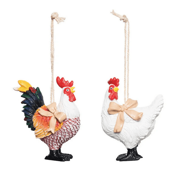 Set of 2 CHICKEN & ROOSTER Barnyard Christmas Ornaments, by Gallerie II