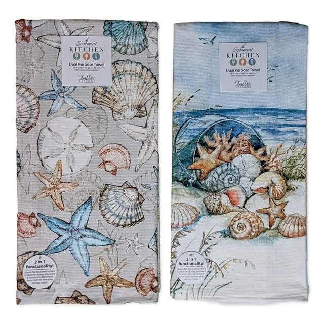 Set of 2 COASTAL SANCTUARY Sea Shells Terry Kitchen Towels by Kay Dee